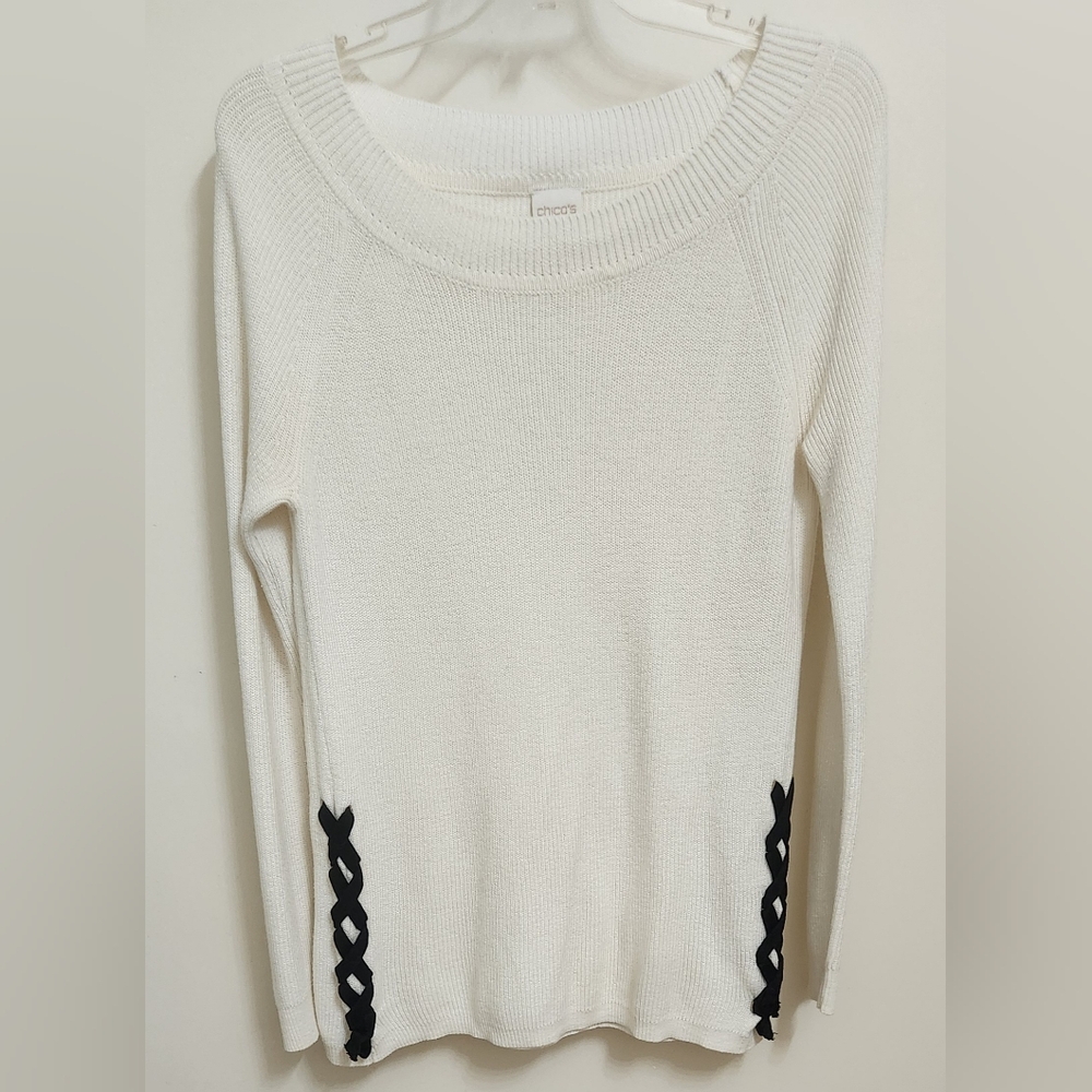 **NEW** CHICO'S Off-White Cream Black Tie Corset Sweater Size 0 Fits Like Small